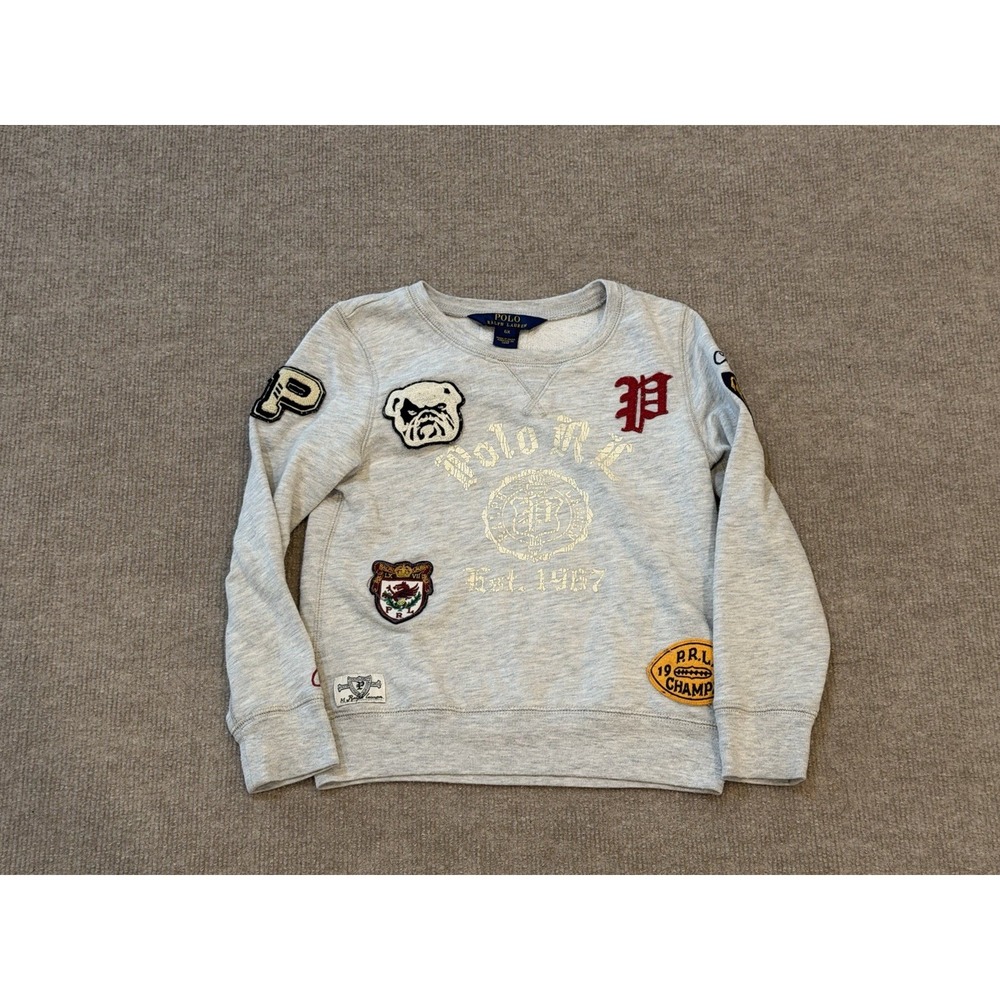 Polo Ralph Lauren Gray Pullover Sweatshirt Kids 6X Patches Football Vintage
